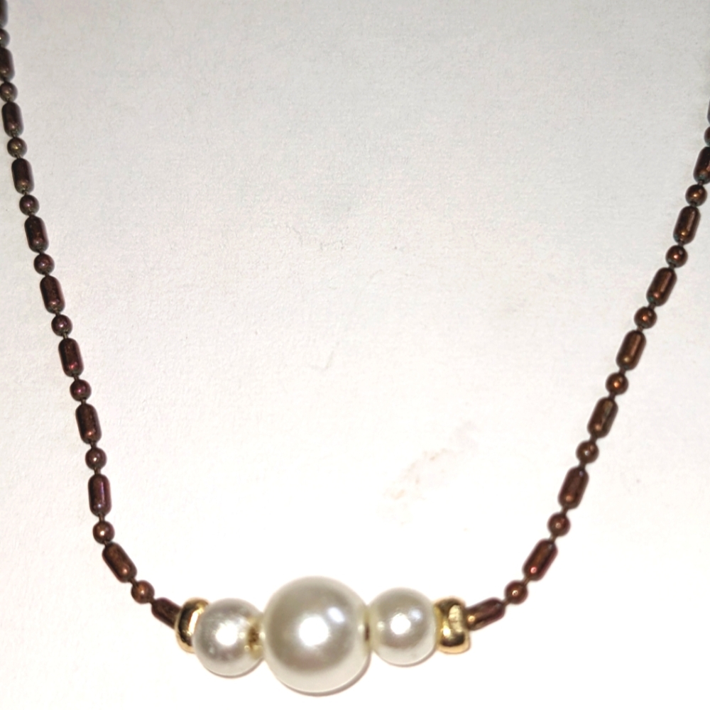 Vintage Signed LC Liz Claibone Bronze Seed Beads &‎ Simulated Peal Necklace Da - Picture 4 of 6
